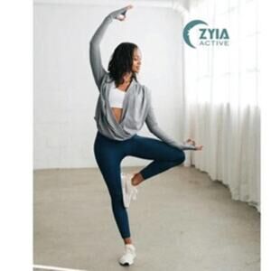 ZYIA Active Haze Yoga Shawl Long Sleeve Drape Crossover Hooded Top NWOT L